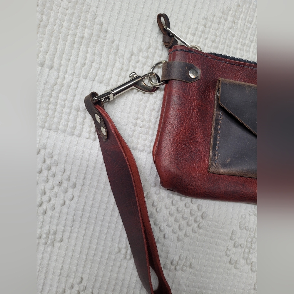 Handmade Womens Red And Brown Leather Clutch With Detachable Wristlet Strap - Picture 5 of 9